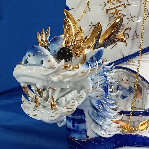 Chinese Porcelain Dragon Boat  Ship Lighted Sculpture TV  Lamp  24K Gold Vintage - Picture 3 of 16